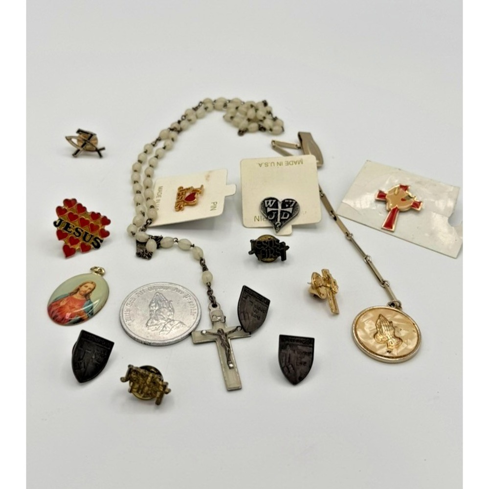 Vintage Catholic Religious Jewelry Lot Rosary Crucifix Pins Medals Jesus Cross
